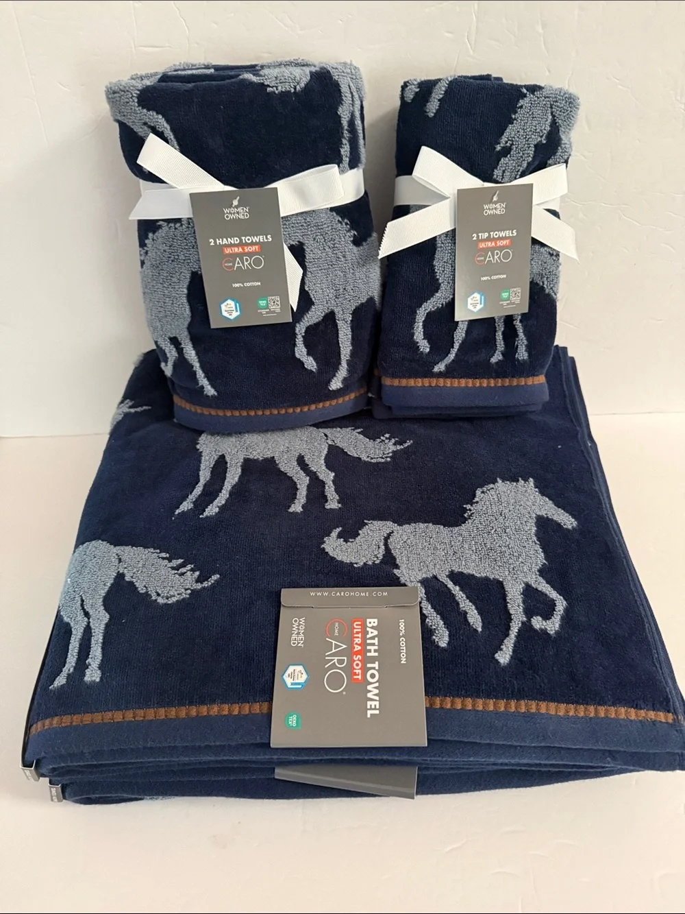 NWT Caro 6 Piece Ultra Soft 100% Cotton Bath Towel Set Blue All Over Horse Print